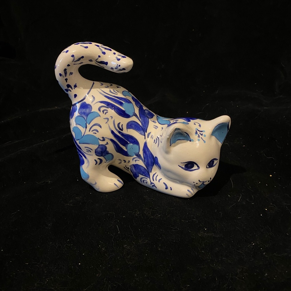 Blue Floral Ceramic Cat Figurine